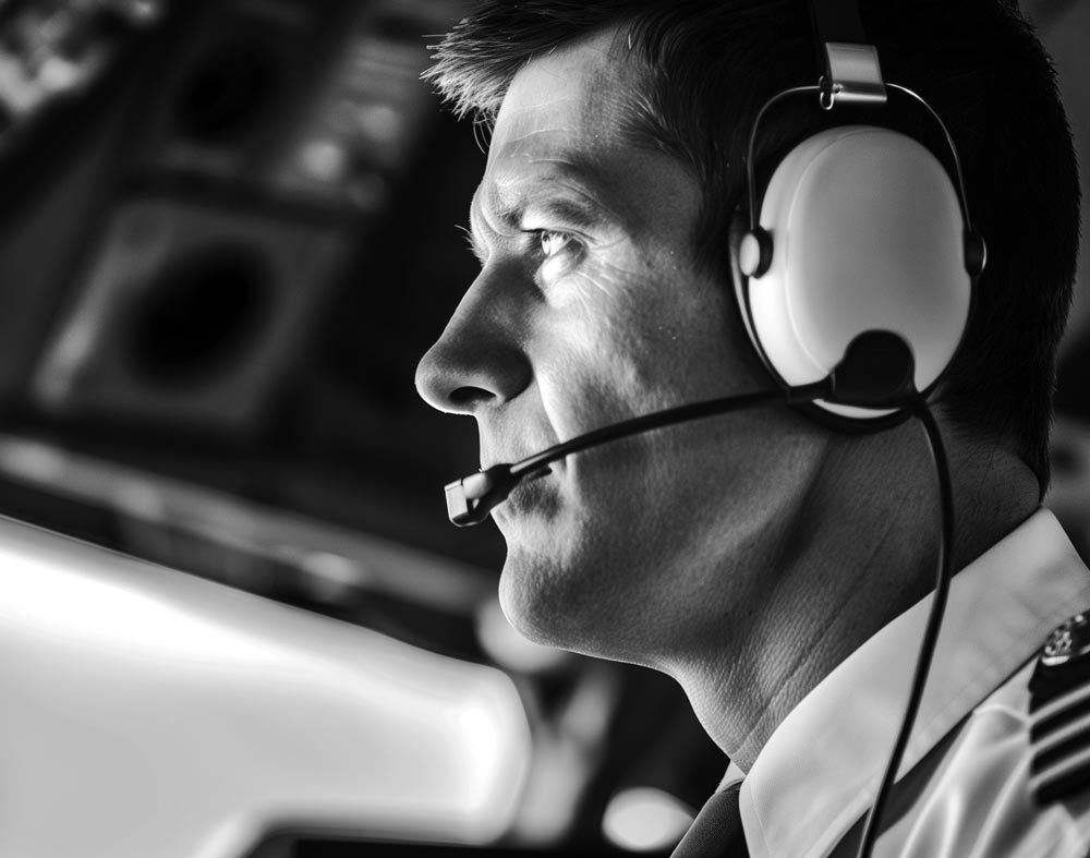 Pilot in profile in the flight deck, headset on, uniform stripes on the shoulder.
