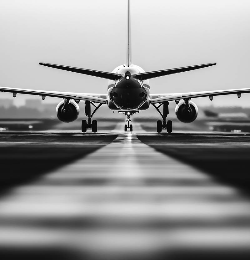 Airliner on final approach at dusk, landing lights on, seen head-on over the runway threshold.
