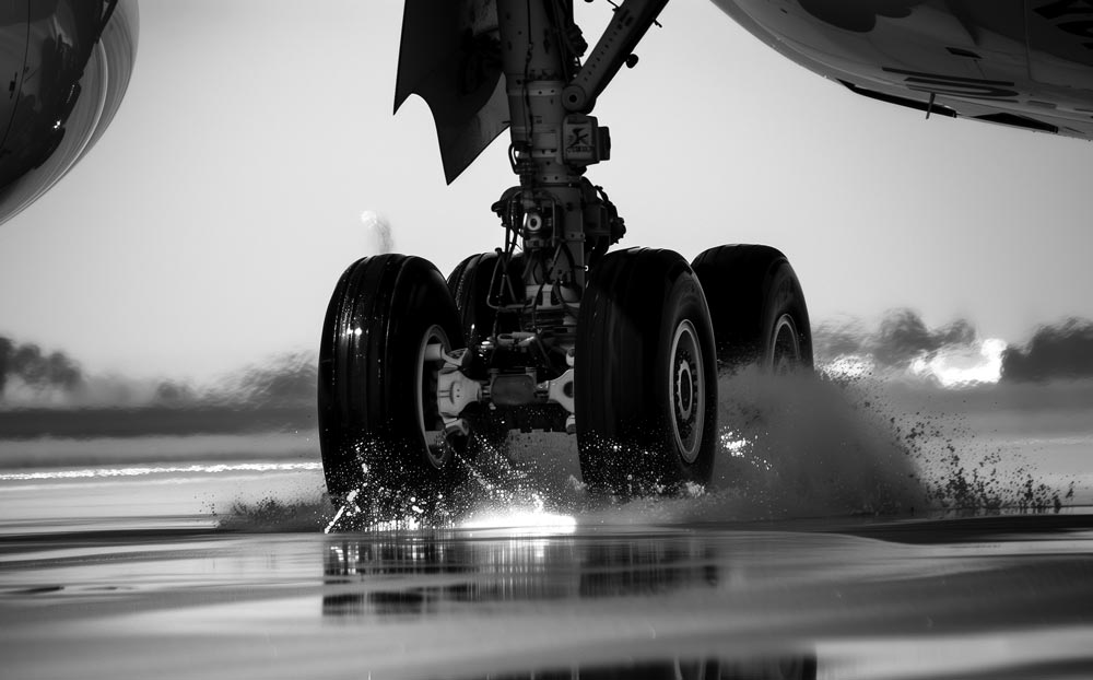 Main landing gear wheels rolling across a wet runway, spray thrown from the tyres.